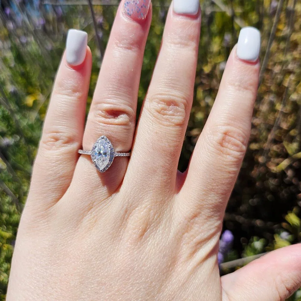 Marquise Cut Moissanite Engagement Ring, Statement, Size 6, Halo, Gift for her